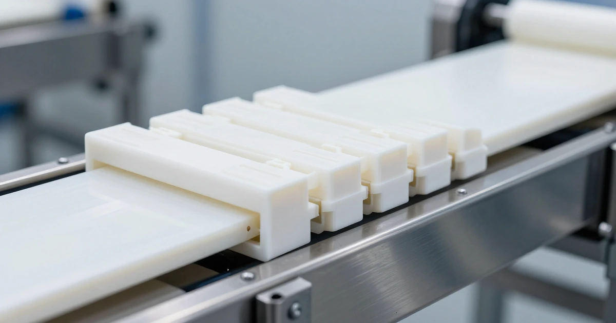 Banda modular plástica blanca en movimiento sobre estructura de acero inoxidable en una planta de procesamiento de alimentos