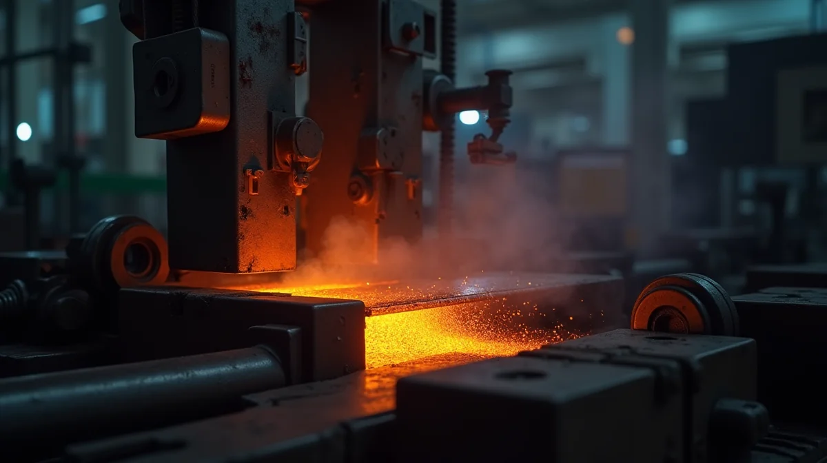 Imagen fotorealista de una banda metálica en una línea de producción metalúrgica, mostrando su resistencia y aplicación en