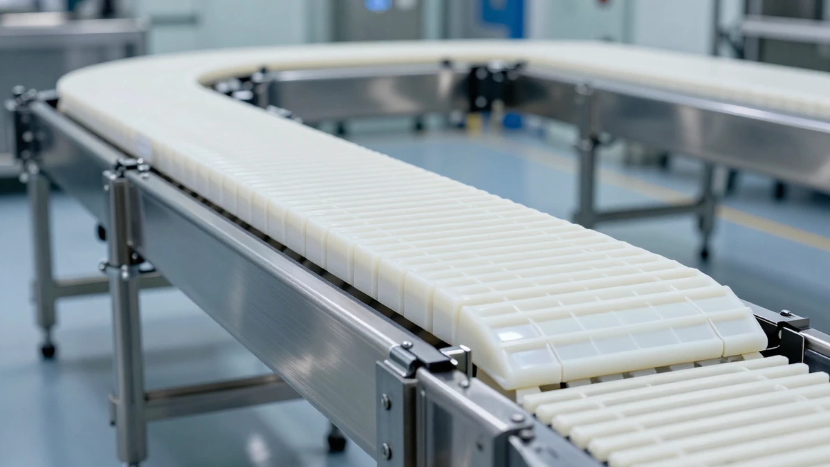 Banda transportadora modular de polímero blanco con diseño de rejilla y estructura de acero inoxidable en planta de alimentos