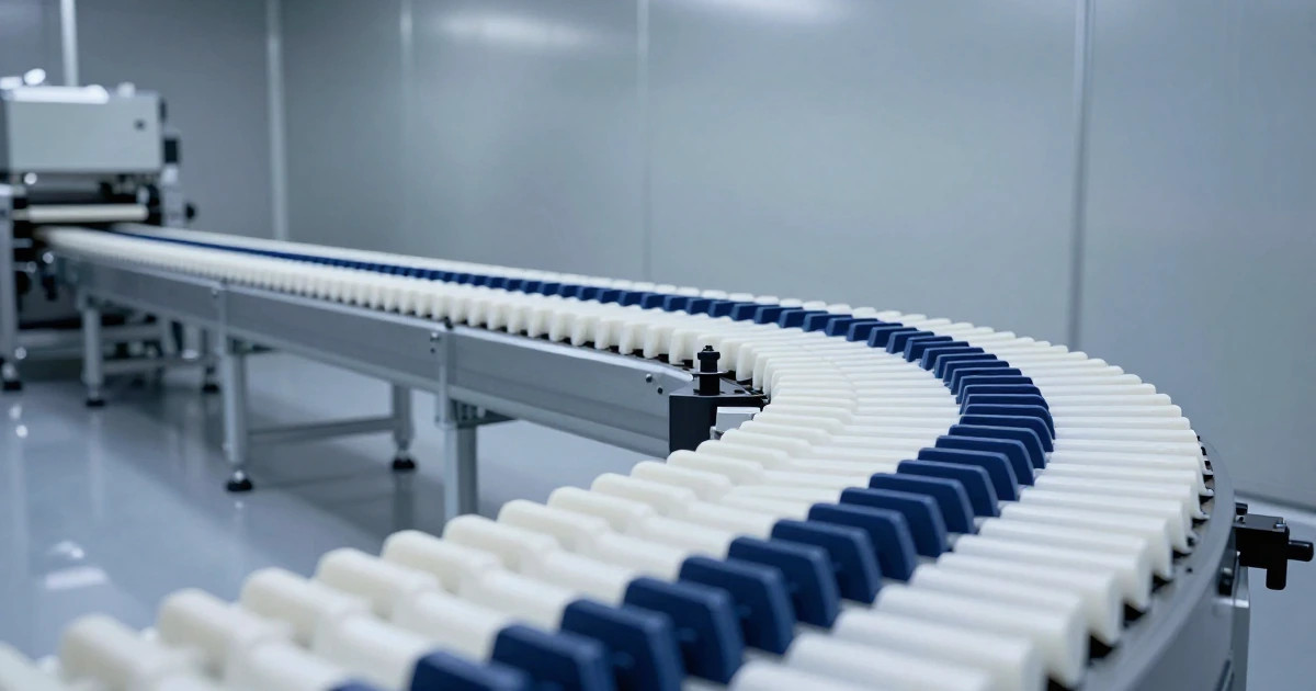 Sistema de bandas transportadoras modulares blancas y azul marino en curva dentro de una planta industrial limpia