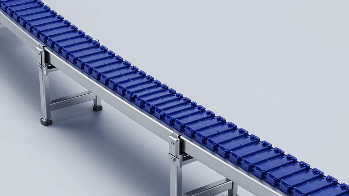 Banda modular azul de plástico en una curva de 90 grados sobre una estructura industrial de acero inoxidable