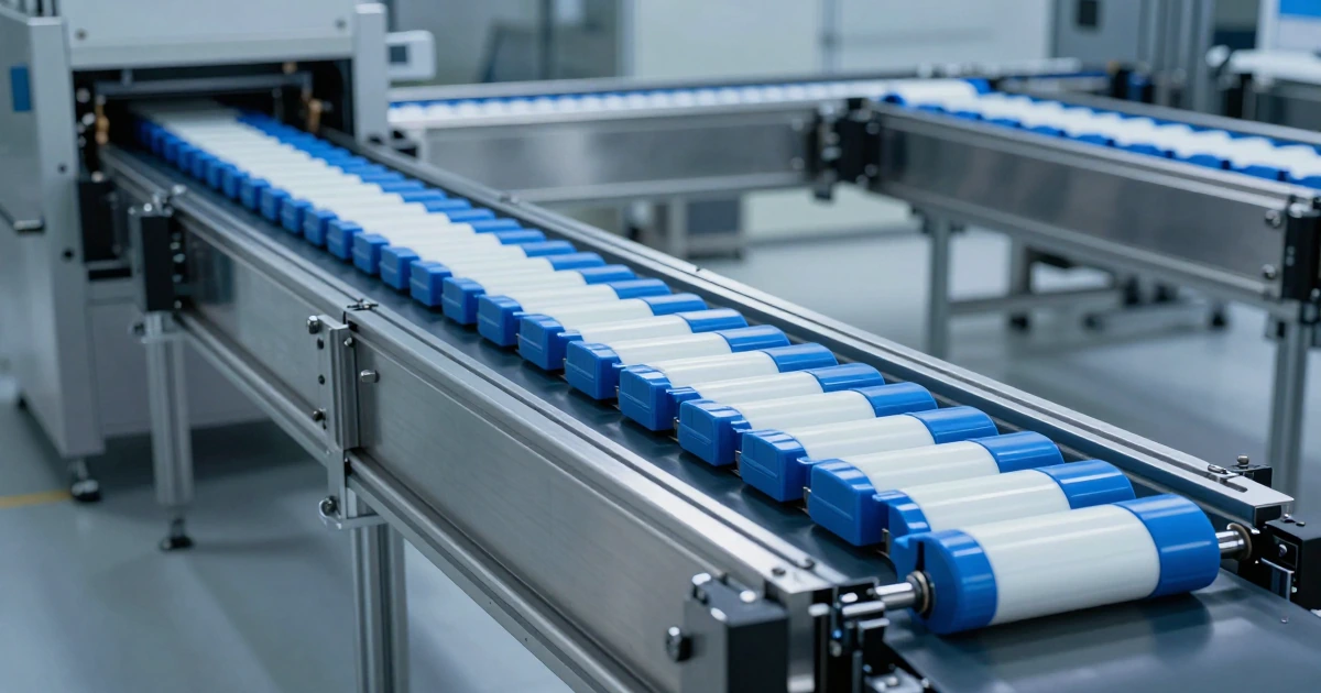 Banda transportadora modular de plástico azul y blanco en movimiento, sobre estructura de acero inoxidable en planta