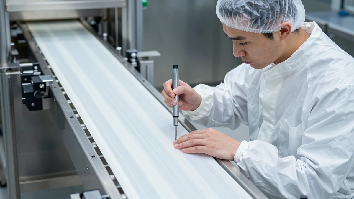 Técnico con uniforme blanco inspecciona una banda transportadora de grado alimenticio en una planta industrial estéril