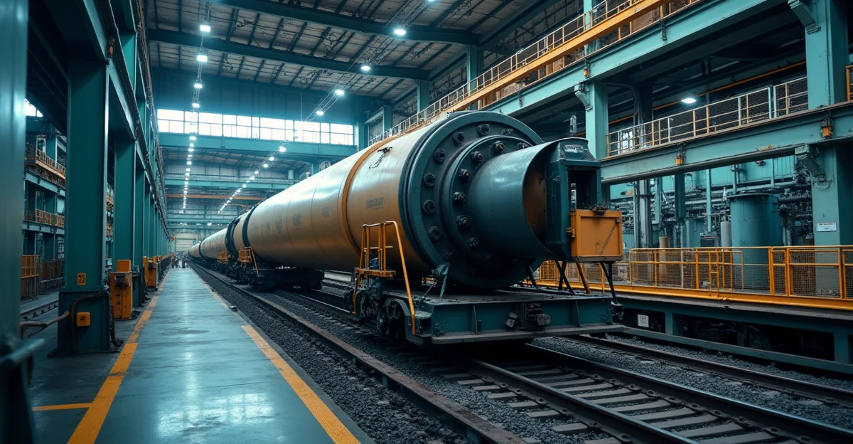 Fotografía de una polea industrial de gran diámetro instalada en una banda transportadora dentro de una planta de producción