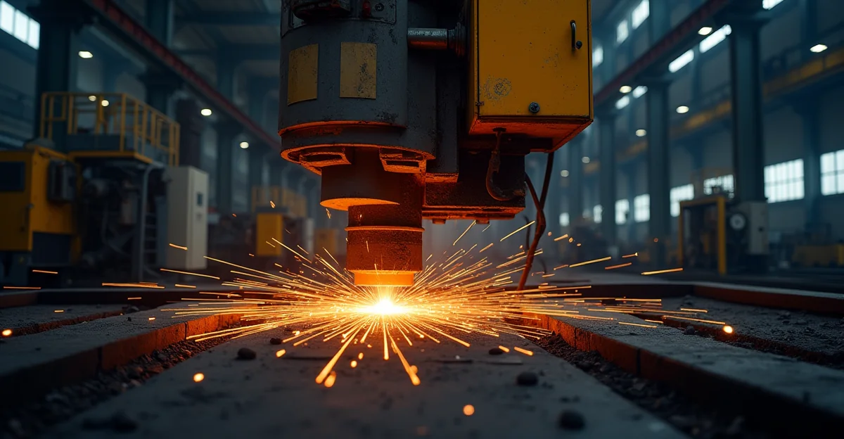 Fotografía de una prensa vulcanizadora de gran tamaño operando en un taller industrial, sin textos ni marcas visibles