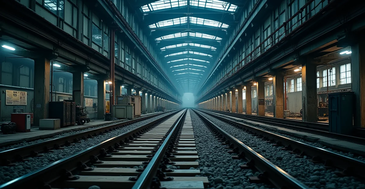 Fotografía de alta calidad de una banda transportadora industrial en funcionamiento dentro de una planta de la zona
