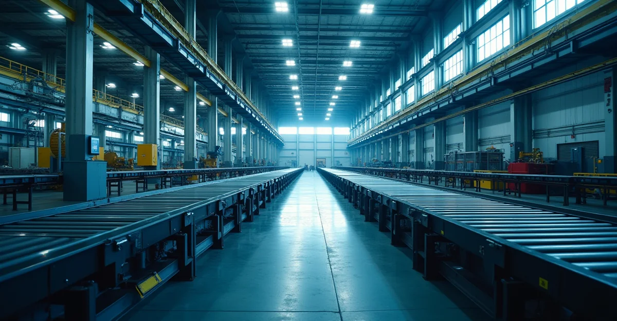 Fotografía de alta resolución de una línea de producción con bandas transportadoras industriales en una planta de la zona