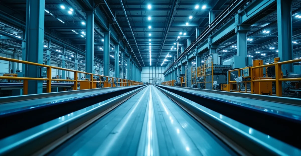 Fotografía de una línea de transporte industrial en una planta de CDMX con bandas transportadoras en pleno funcionamiento