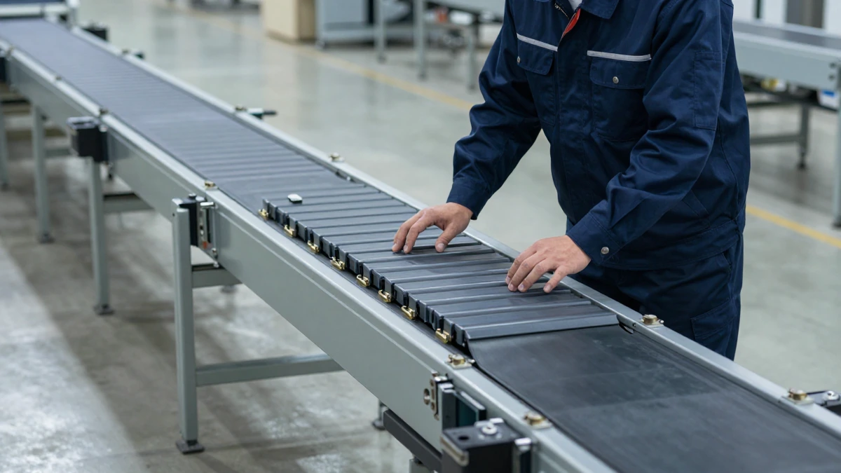 Técnico de mantenimiento inspeccionando visualmente la alineación de un sistema de bandas transportadoras industriales