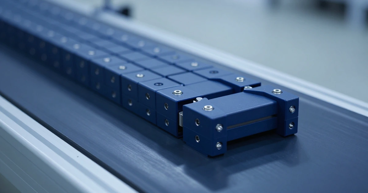 Detalle macro de banda modular plástica azul marino con pines de acero en una línea de producción industrial impecable