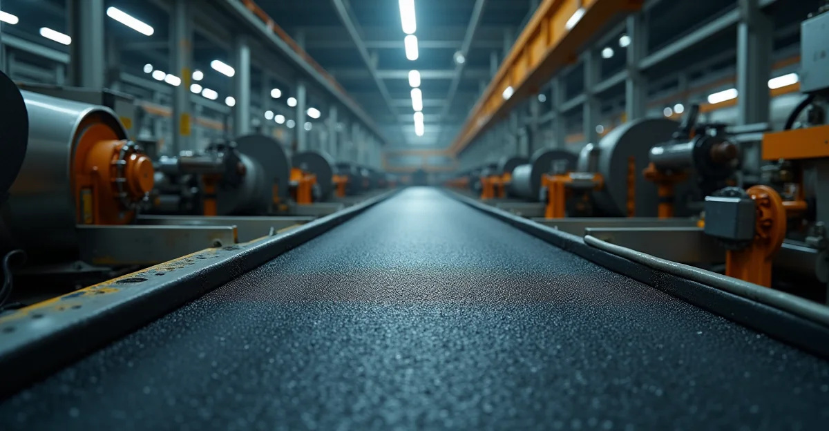 Fotografía de alta resolución de una banda transportadora vulcanizada en una instalación industrial, mostrando la superficie