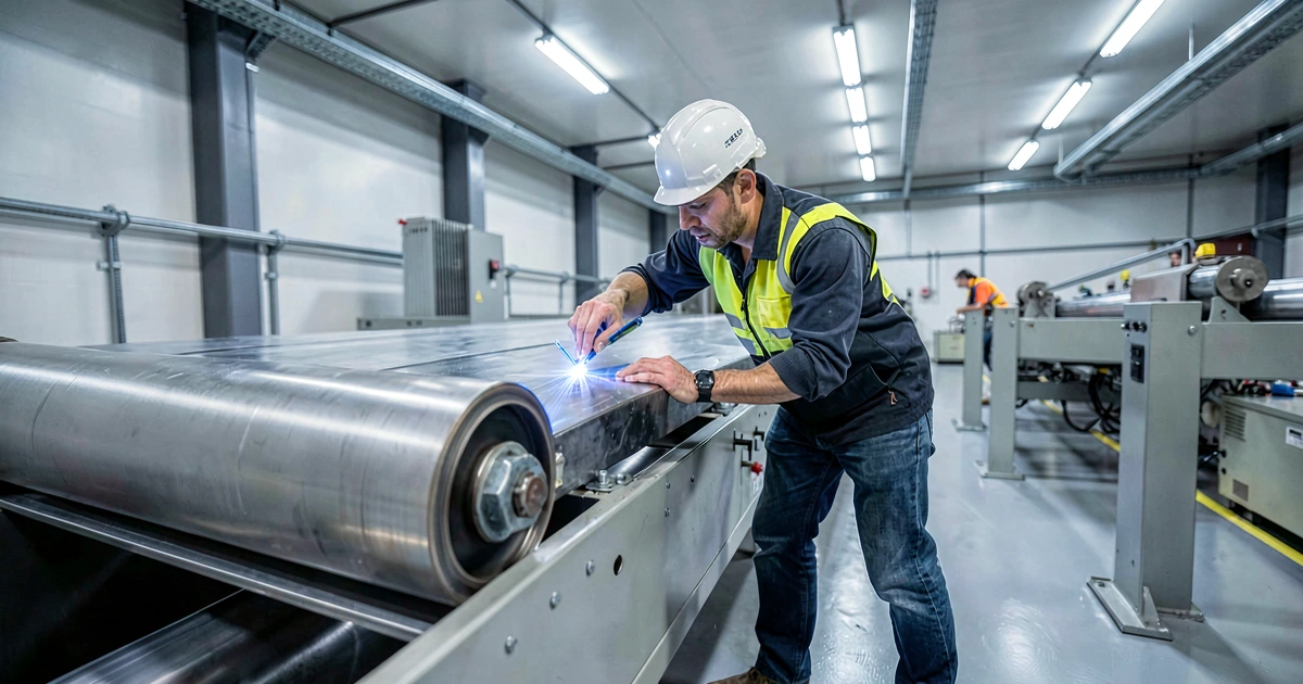 Técnico industrial con equipo de seguridad realizando una medición láser de precisión sobre una banda transportadora moderna