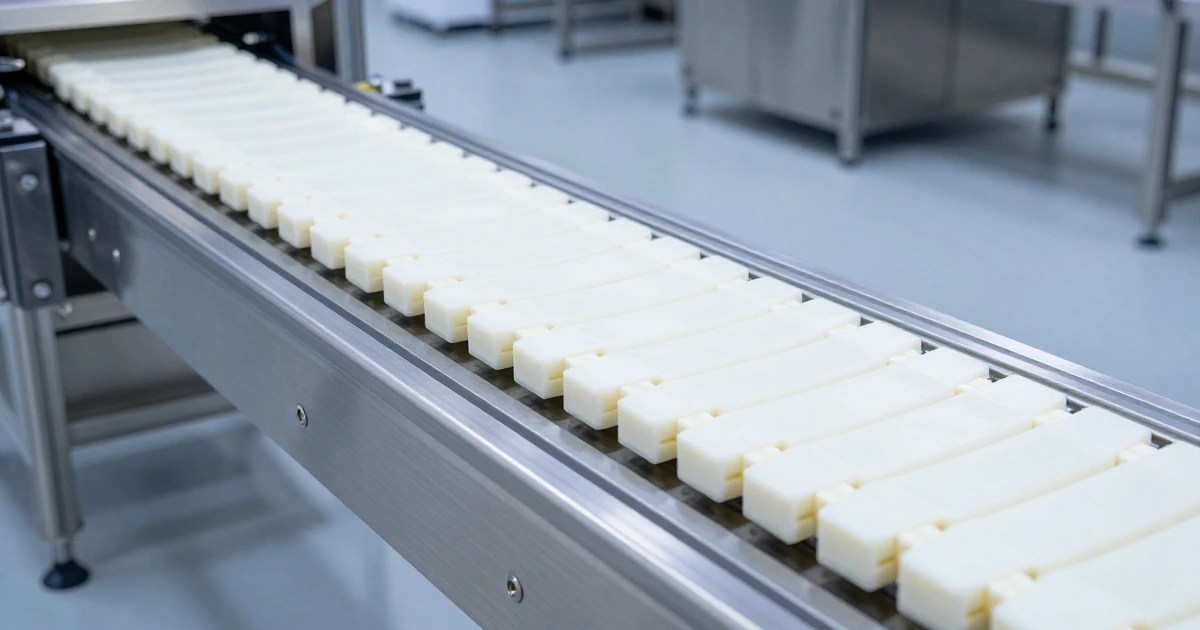 Banda modular plástica blanca de grado alimenticio con bisagras geométricas en una planta industrial limpia y moderna